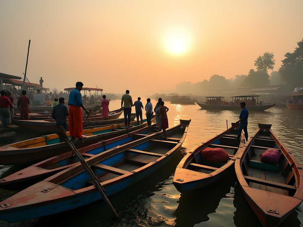 Colorful wooden boats at Sadarghat River Port in Dhaka during golden morning light