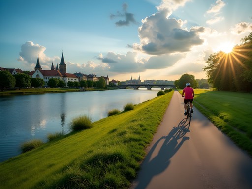 Cycling path along Elbe River with Dresden Old Town skyline view