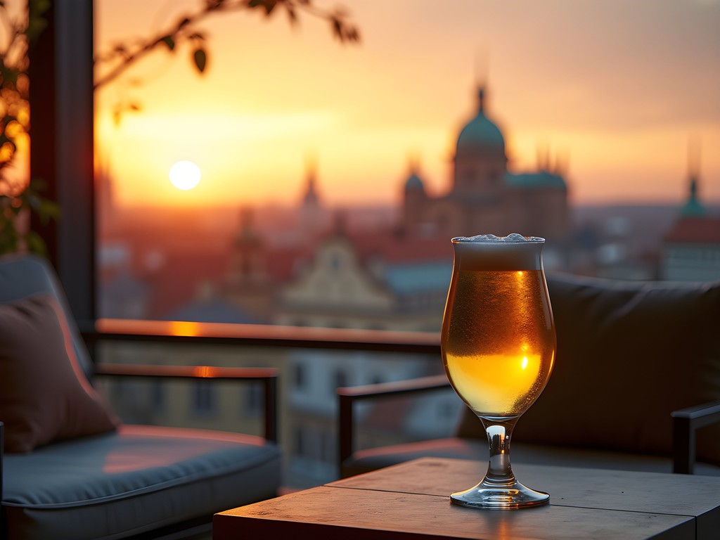 Sunset view of Dresden skyline from hotel rooftop terrace with drink in foreground
