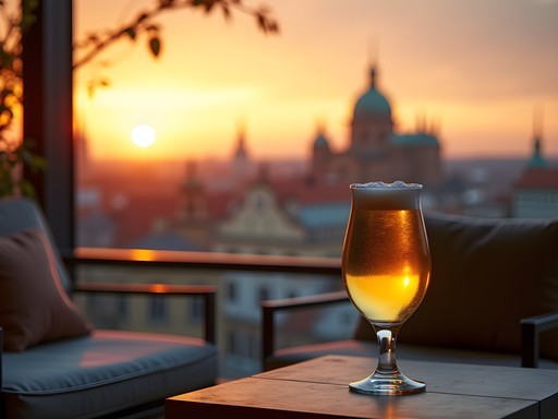 Sunset view of Dresden skyline from hotel rooftop terrace with drink in foreground