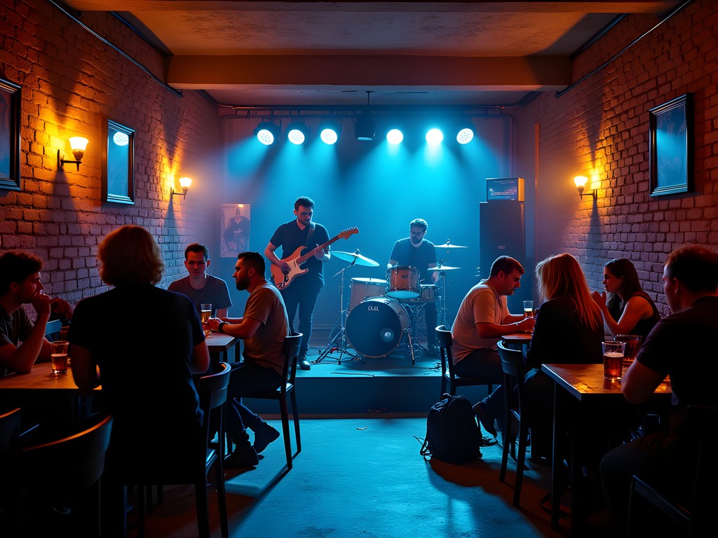 Atmospheric jazz club in Dresden with musicians performing and audience enjoying craft beer