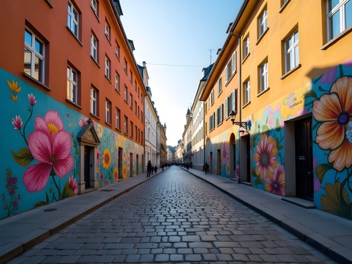 Colorful street art in Dresden's Neustadt district with historic buildings