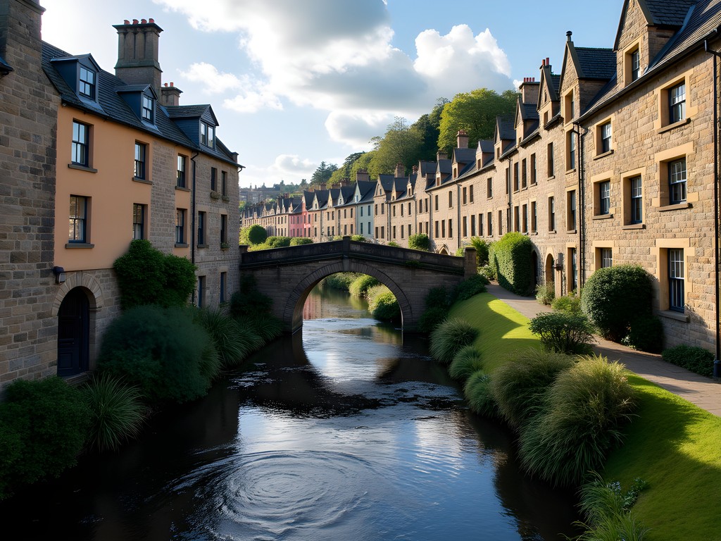 Dean Village with historic buildings alongside the Water of Leith in morning light