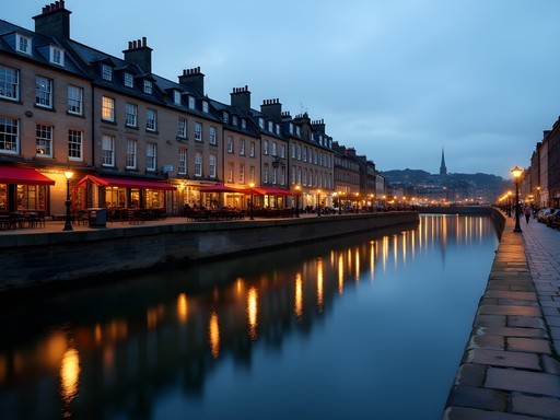 Edinburgh's Leith Shore waterfront at dusk with historic buildings and restaurants