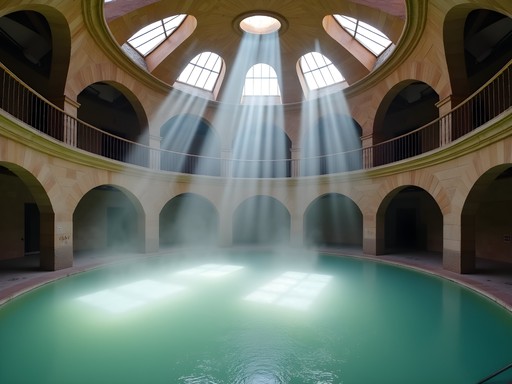 Historic Turkish dome with star-shaped skylights at Eger Thermal Bath with beams of light streaming through steam
