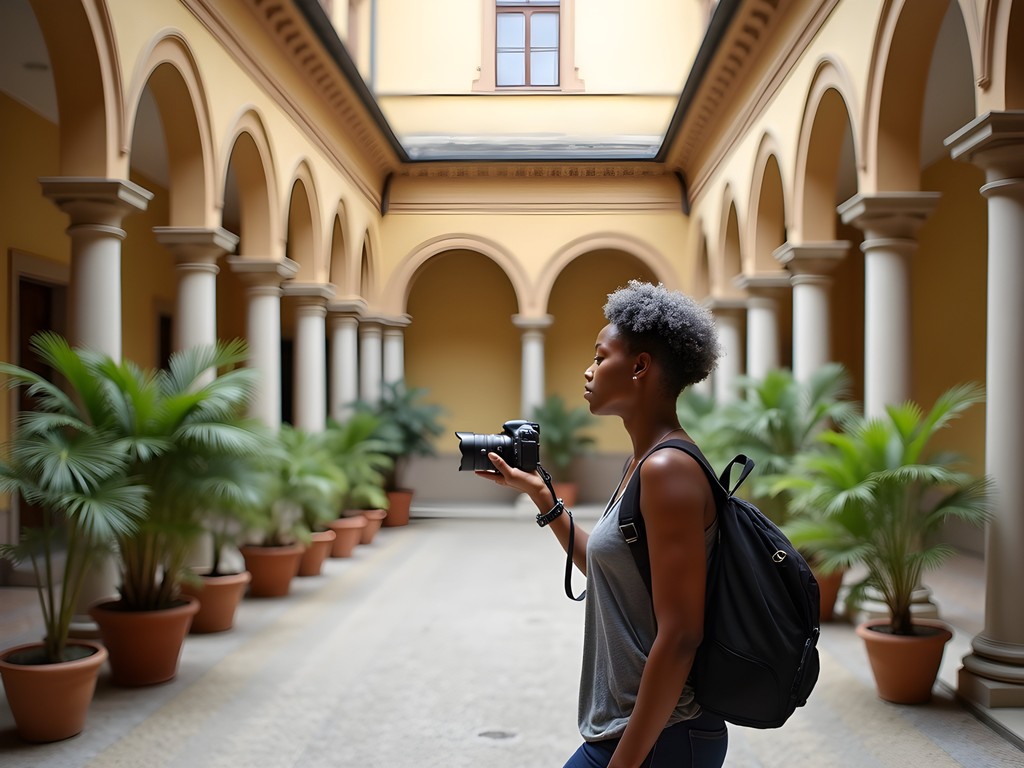 African American woman photographer capturing baroque architecture in hidden courtyard in Eger, Hungary