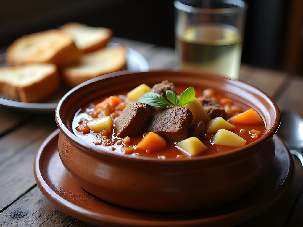 Traditional Hungarian beef goulash served in ceramic bowl with fresh bread in Eger restaurant
