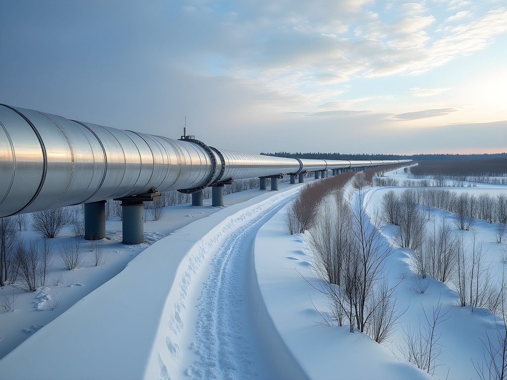 Trans-Alaska Pipeline in winter with snow-covered landscape