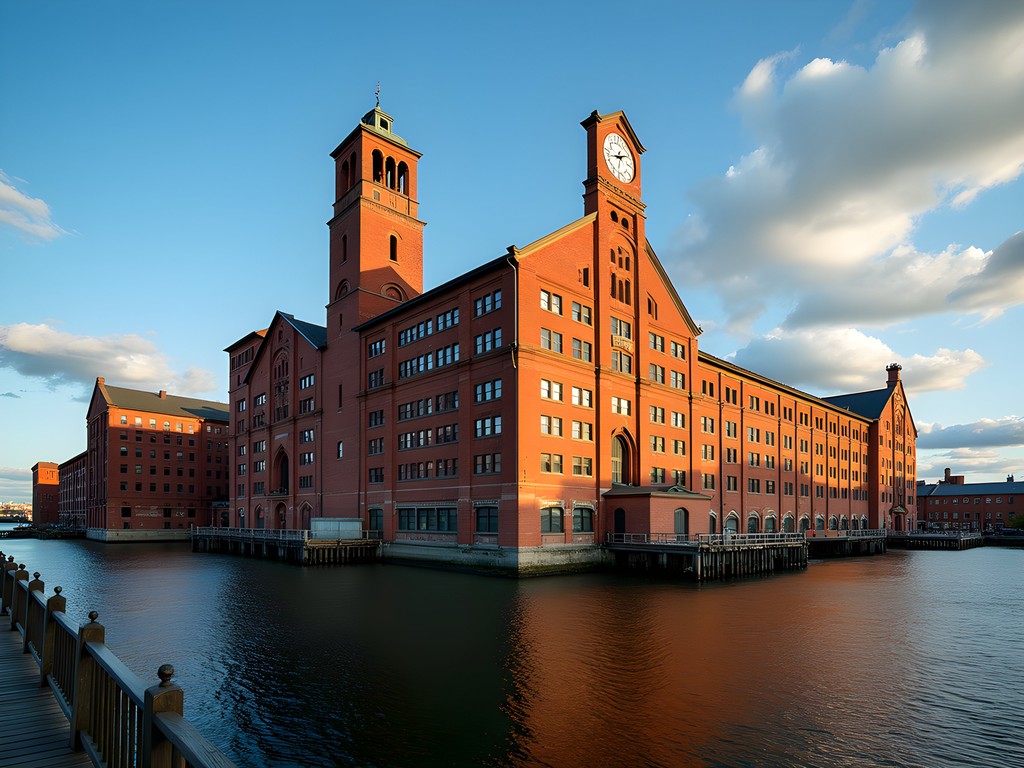 Historic Flint Mills clock tower rising above red brick textile factory buildings in Fall River Massachusetts