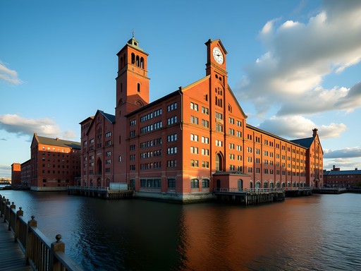 Historic Flint Mills clock tower rising above red brick textile factory buildings in Fall River Massachusetts