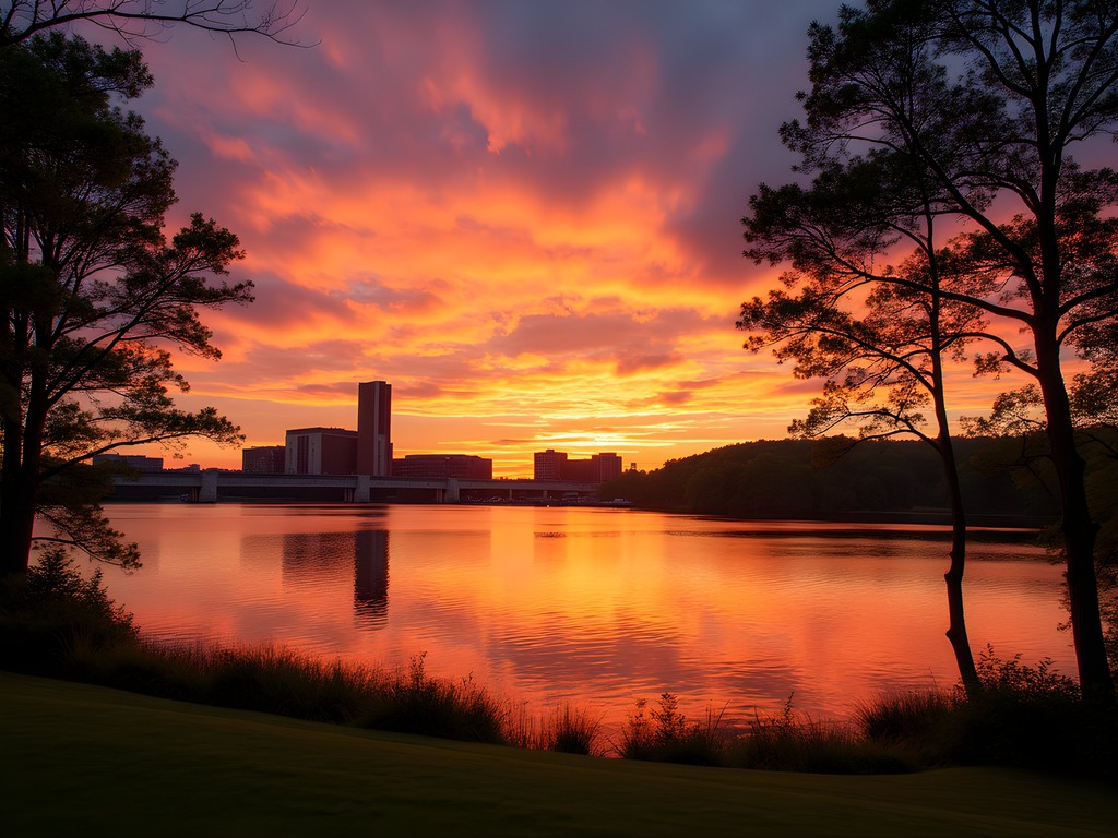 Sunset over Mount Hope Bay from Kennedy Park in Fall River Massachusetts waterfront view