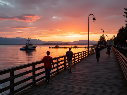 Sunset over Olympic Mountains from Redondo Beach boardwalk in Federal Way