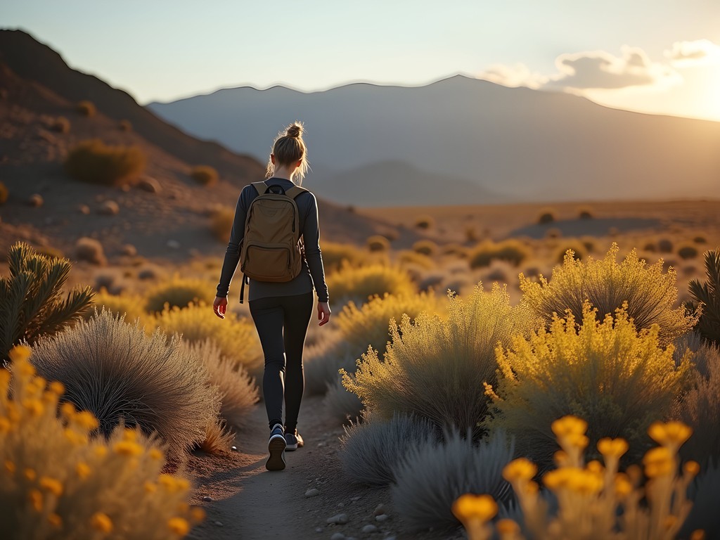 Woman hiking through desert terrain near Fernley in springtime with wildflowers
