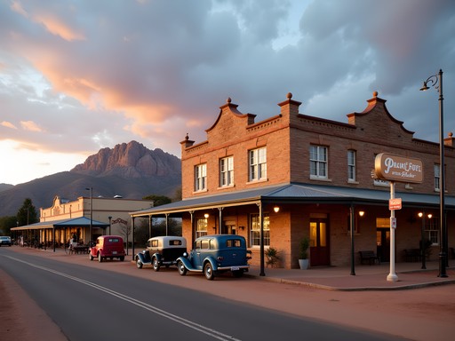 Historic Prairie Hotel in Parachilna with Flinders Ranges mountains in background