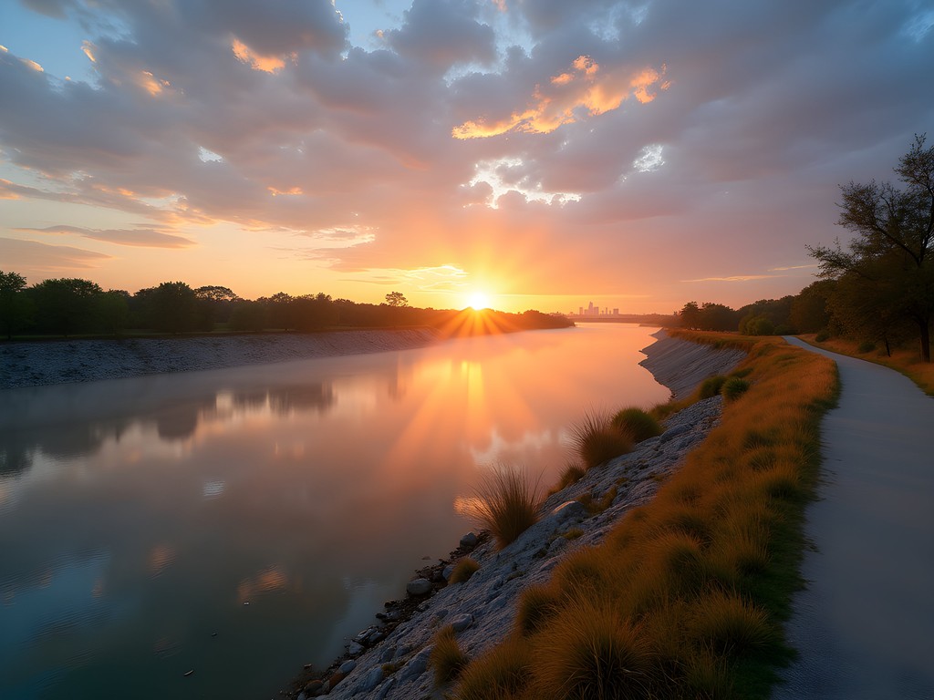 Misty sunrise over Trinity River with Fort Worth skyline in distance