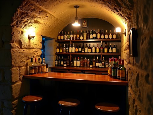 Hidden speakeasy bar in the basement of Cobblestone Inn with stone walls and rum bottles