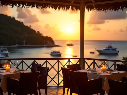 Sunset view from The Lighthouse Restaurant overlooking Georgetown harbor with boats returning