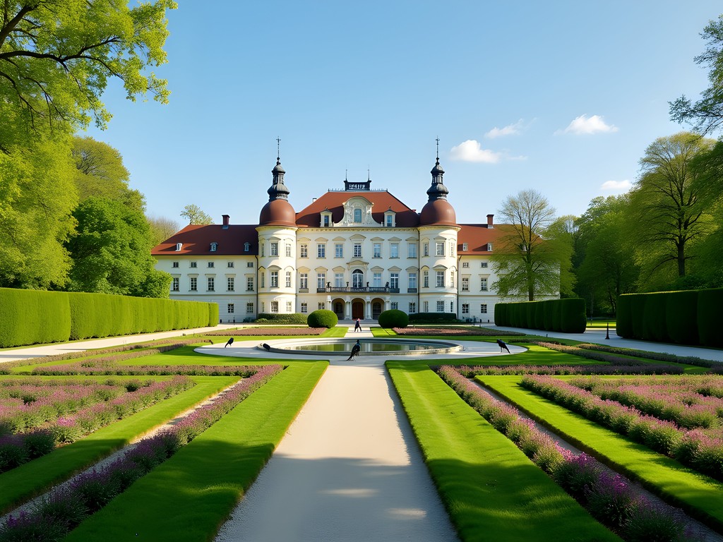 Schloss Eggenberg's baroque gardens in spring with peacocks and blooming flowers