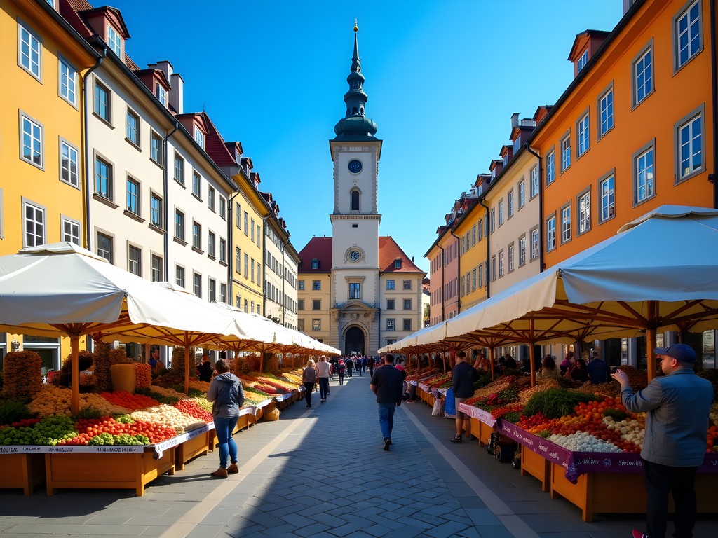 Morning market in Graz's Hauptplatz with historic buildings and local vendors