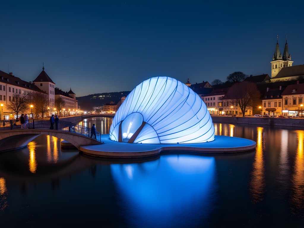 The illuminated Murinsel floating platform on River Mur at night in Graz