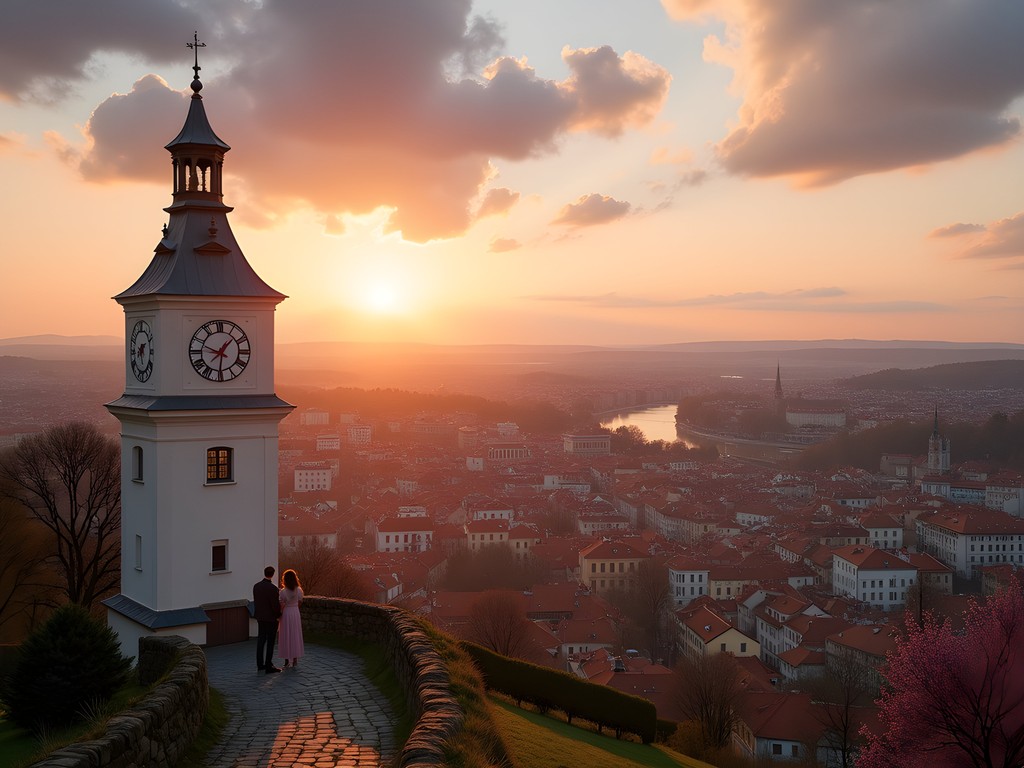 Sunset view of Graz from Schlossberg hill with the iconic Clock Tower