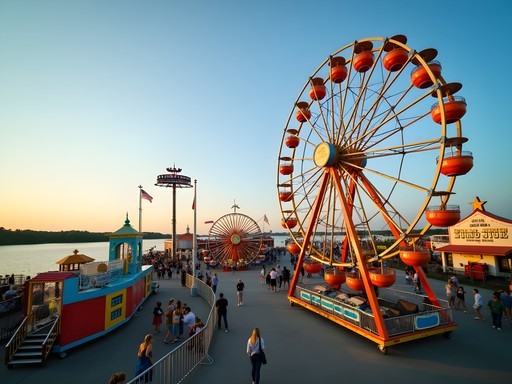Colorful vintage rides at Bay Beach Amusement Park with Green Bay water in background