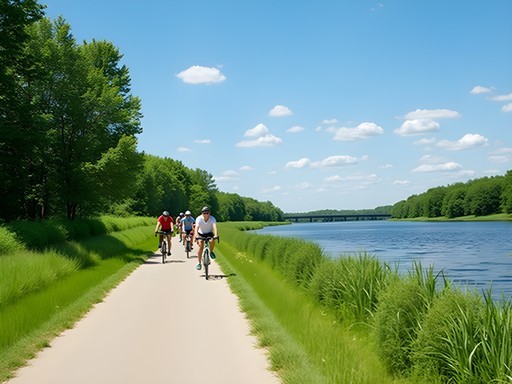 Fox River State Trail with cyclists and river views in Green Bay