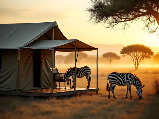 Safari tent accommodation at Antelope Park with zebras grazing nearby at sunrise
