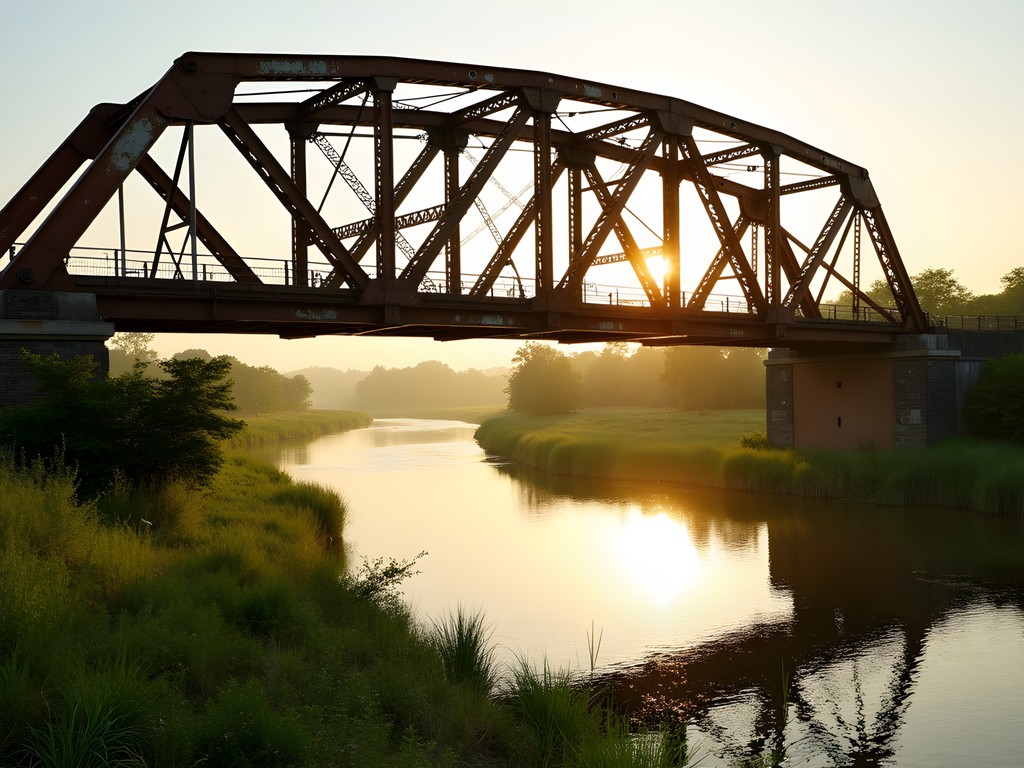 Historic railway bridge in Gweru with golden sunset light illuminating its steel trusses