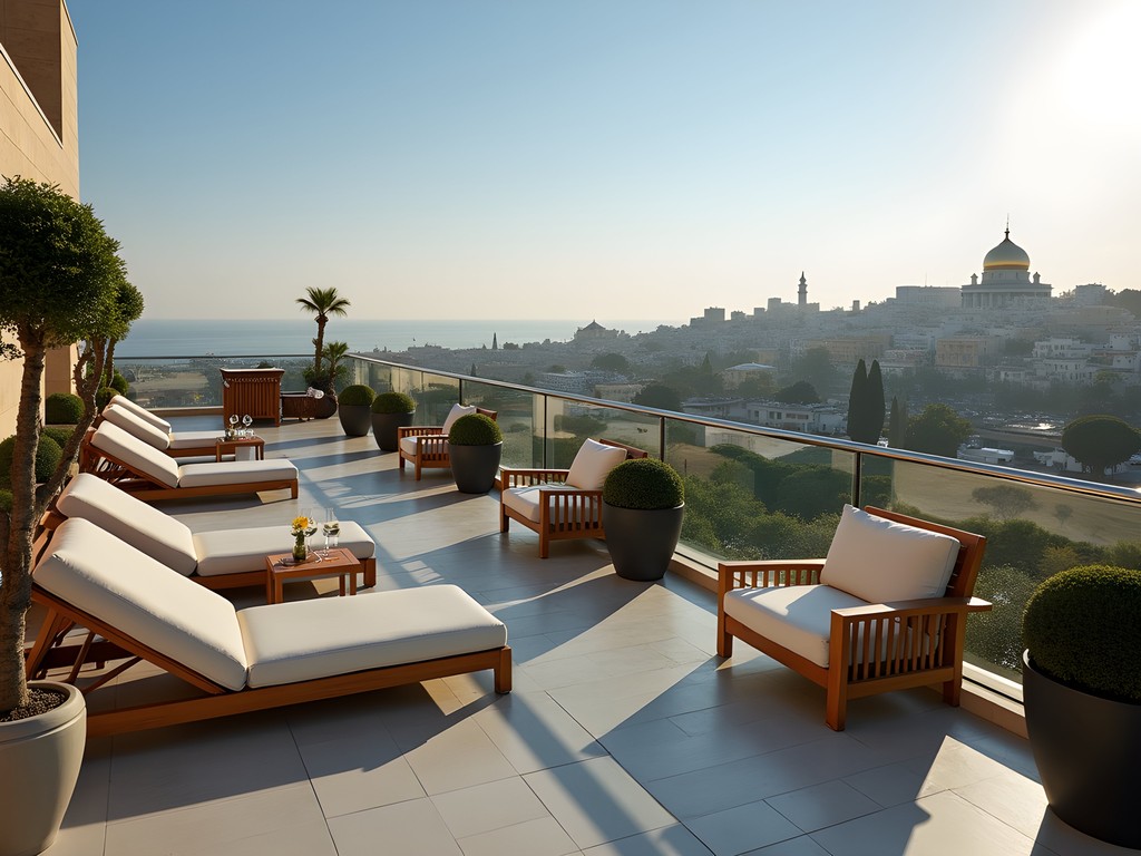 Rooftop view from a hotel in Haifa showing Bahá'í Gardens and Mediterranean Sea