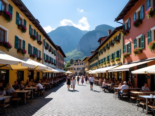 Hallstatt's central market square in spring with blooming flowers and outdoor cafes
