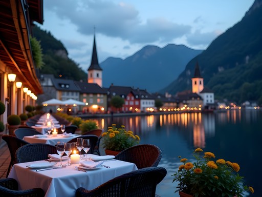 Evening lakeside dining in Hallstatt with illuminated buildings reflected in the water