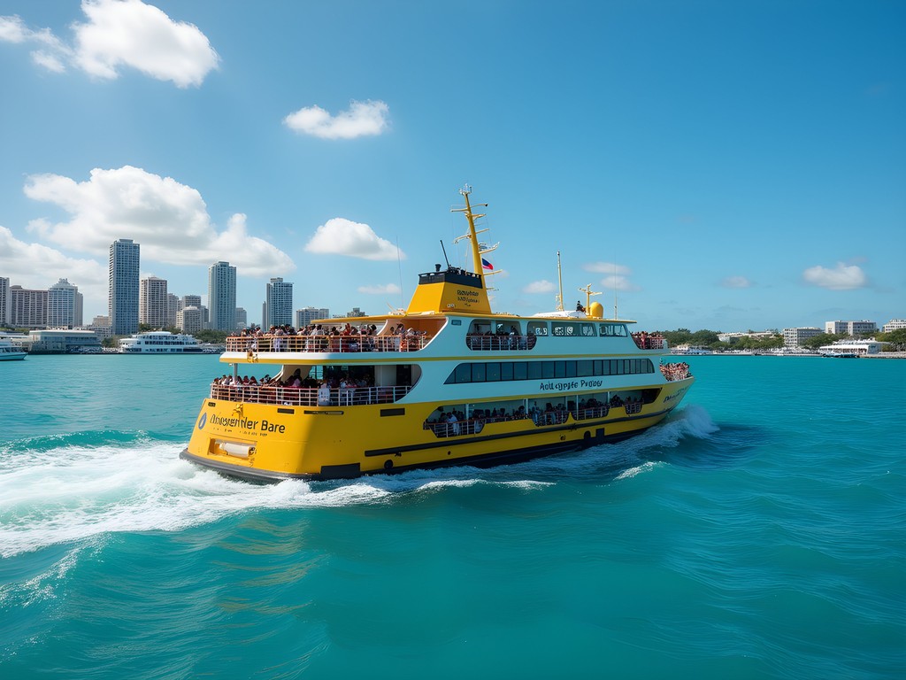 Colorful Bermuda ferry departing Hamilton Harbor with city skyline