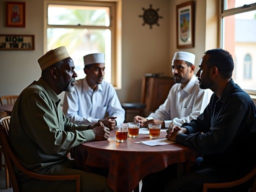 Business meeting over traditional tea in a Hargeisa café with local entrepreneurs