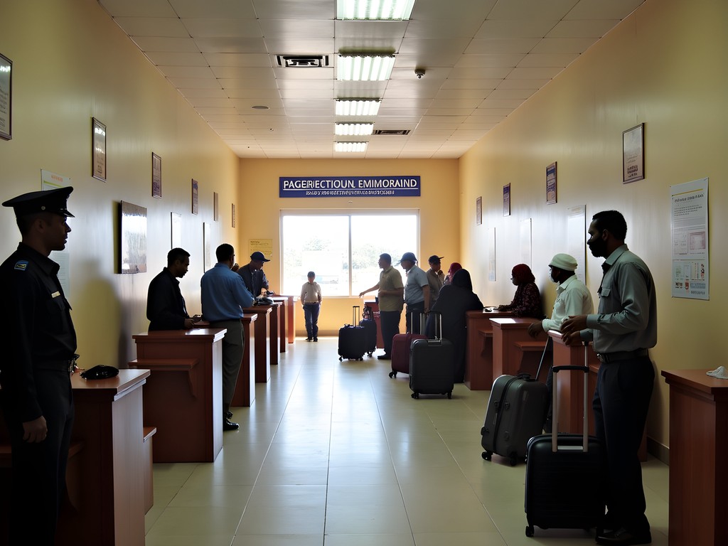Egal International Airport arrival hall in Hargeisa with travelers and officials