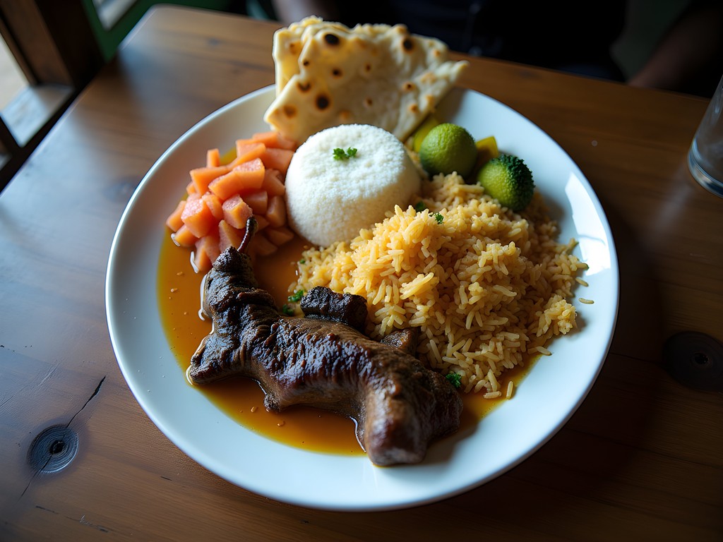 Traditional Somali meal of rice, meat, and vegetables in a local Hargeisa restaurant