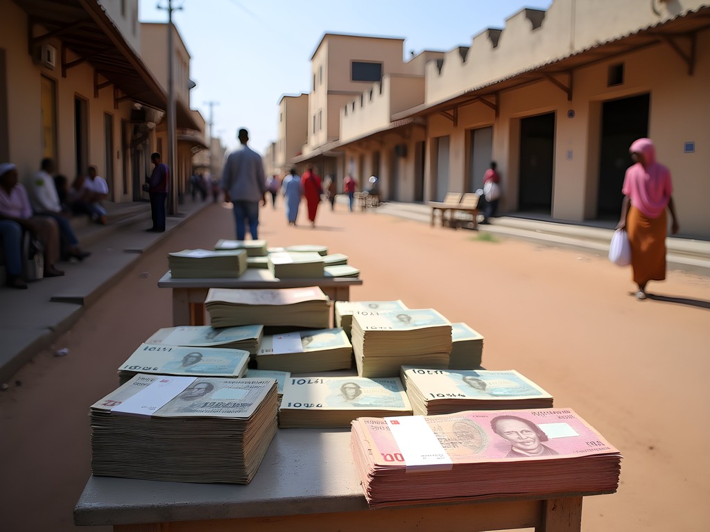 Money changers displaying Somaliland shillings on street tables in downtown Hargeisa