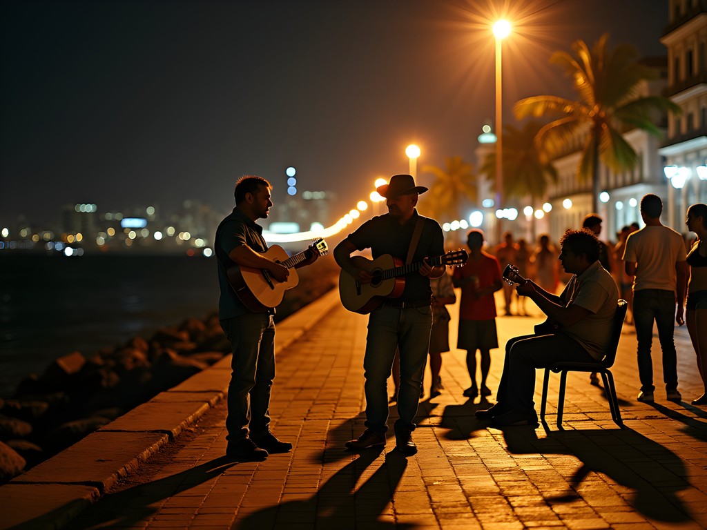 Local musicians performing at night along the Malecón seawall in Havana with city lights in background