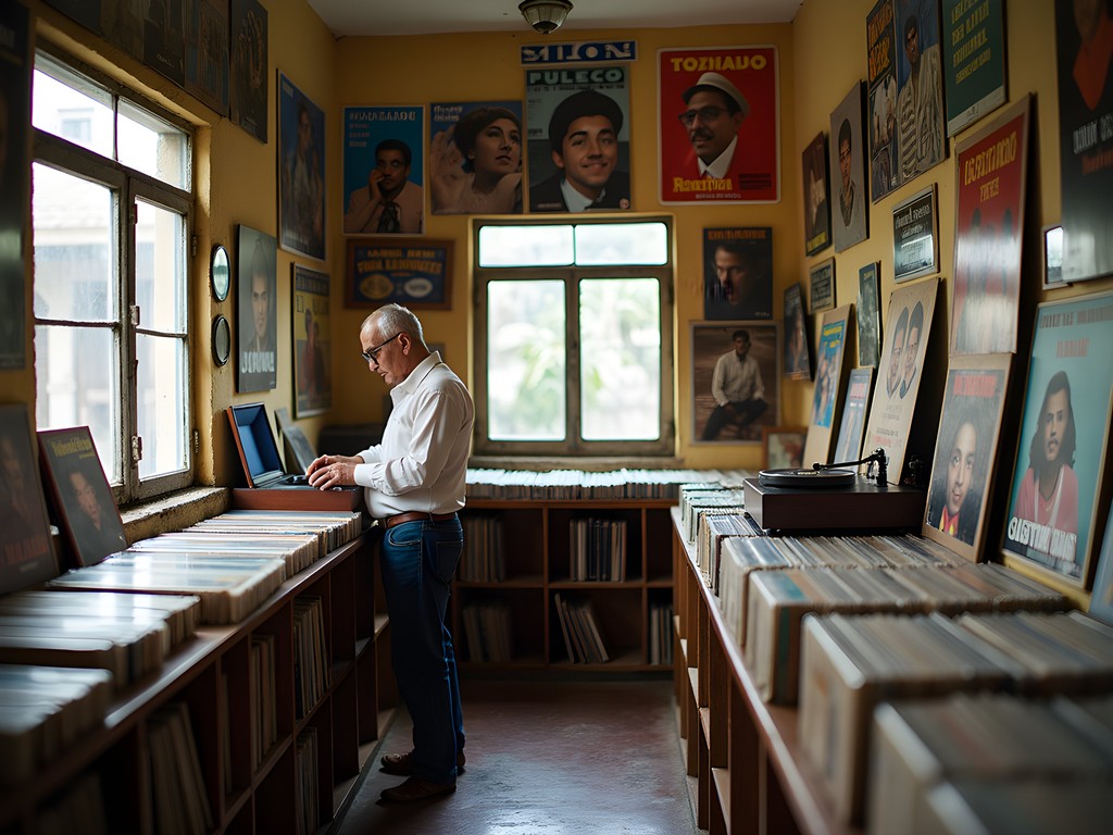 Vintage vinyl records in a traditional Havana record shop with local music enthusiasts