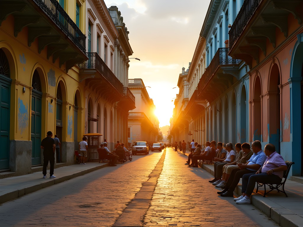 Early morning light in Plaza Vieja, Havana, with locals gathering and colonial architecture