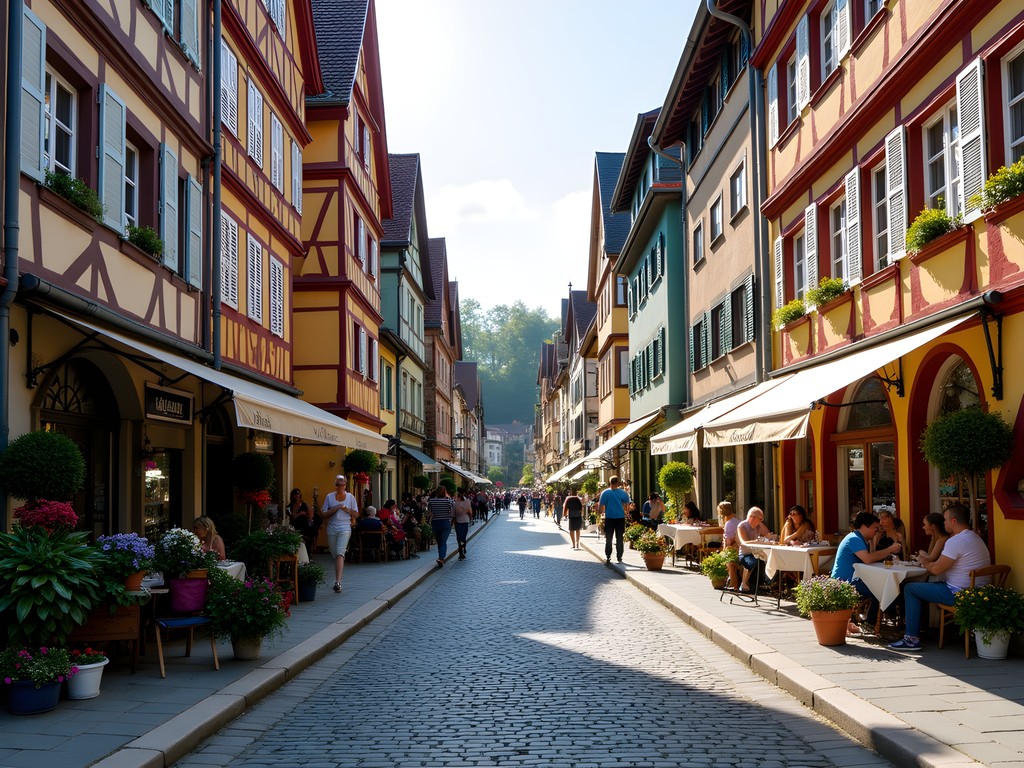 Cobblestone streets of Heidelberg's Hauptstrasse lined with spring flowers and historic buildings