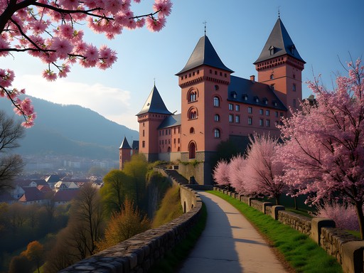 Heidelberg Castle bathed in morning light with cherry blossoms in foreground