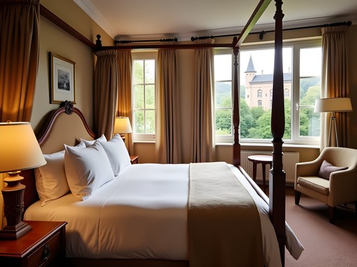 Romantic hotel room in Heidelberg with four-poster bed and castle view
