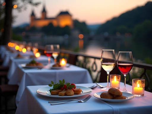 Romantic riverside dining in Heidelberg with castle view at sunset