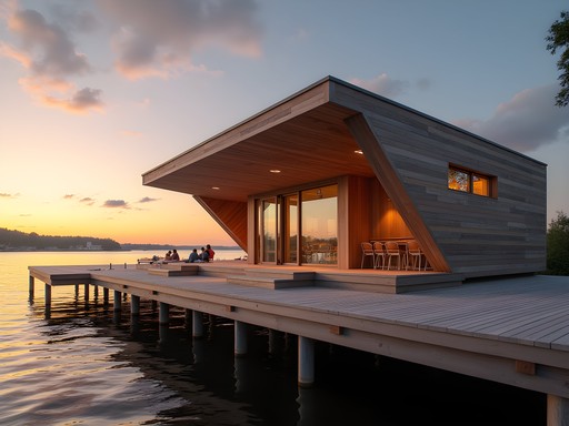 Sunset view of Löyly sauna's modern wooden architecture on Helsinki's waterfront