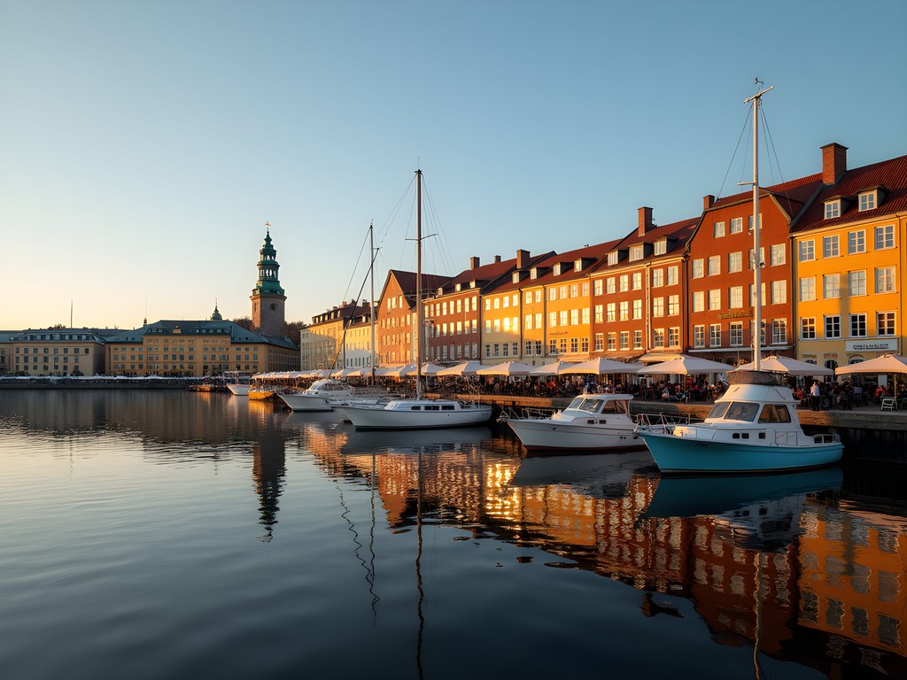 Helsinki harbor bathed in the golden midnight summer light with boats and historic buildings