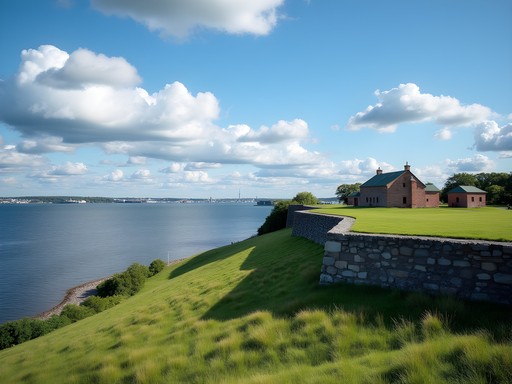 Stone walls of Suomenlinna Sea Fortress with Baltic Sea and Helsinki skyline in background