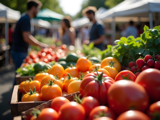 Vibrant summer produce display at Hillsboro Farmers' Market with diverse shoppers