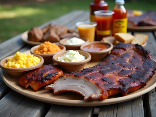 Family enjoying Memphis BBQ spread at picnic table