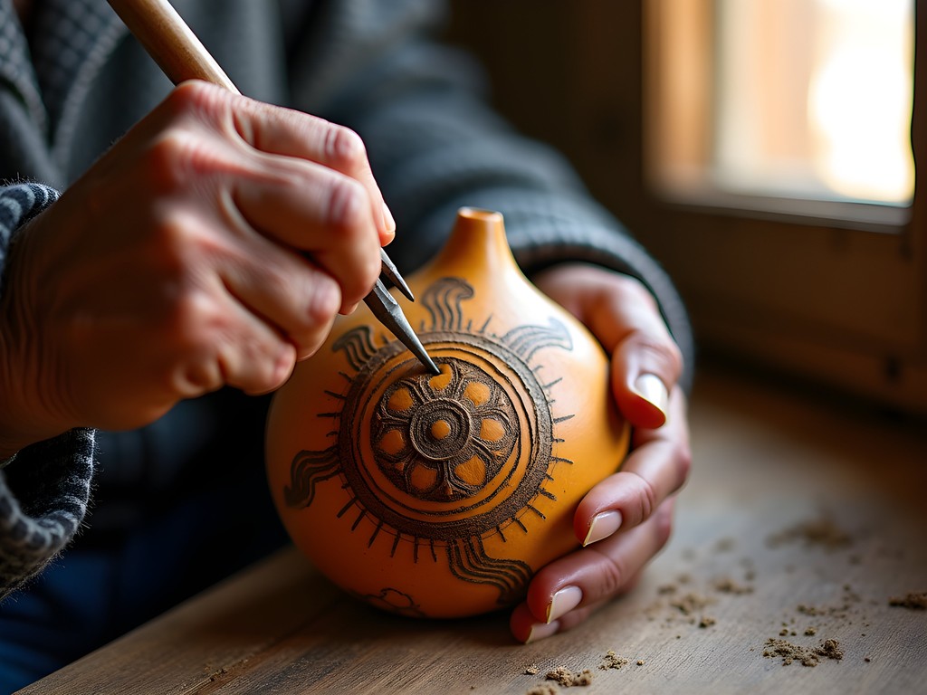 Artisan carving intricate designs on a mate burilado gourd in Cochas